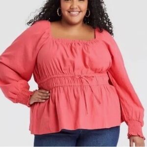 Ava & Viv Pink Cotton Smocked Tie Top Blouse Long Balloon Sleeves Plus Size 2X